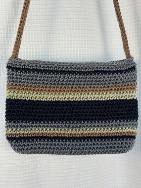 The Sak Iris Crocheted Crossbody Bag - Blue-Gray Navy Tan Stripes - EUC